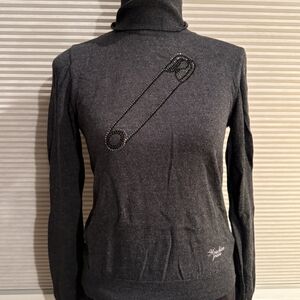 Moschino Gray Turtleneck Sweater with Safety Pin Detail